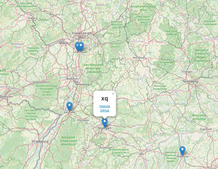 a detail view of a map around Stuttgart, with xq clicked. Shows personal links